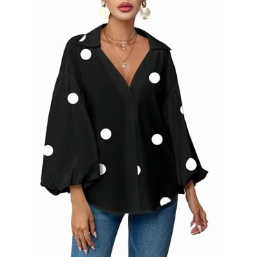 Women'S French Polka Dot Half-Open Collar Loose Bubble Long Sleeve Top Black Polka Dots M