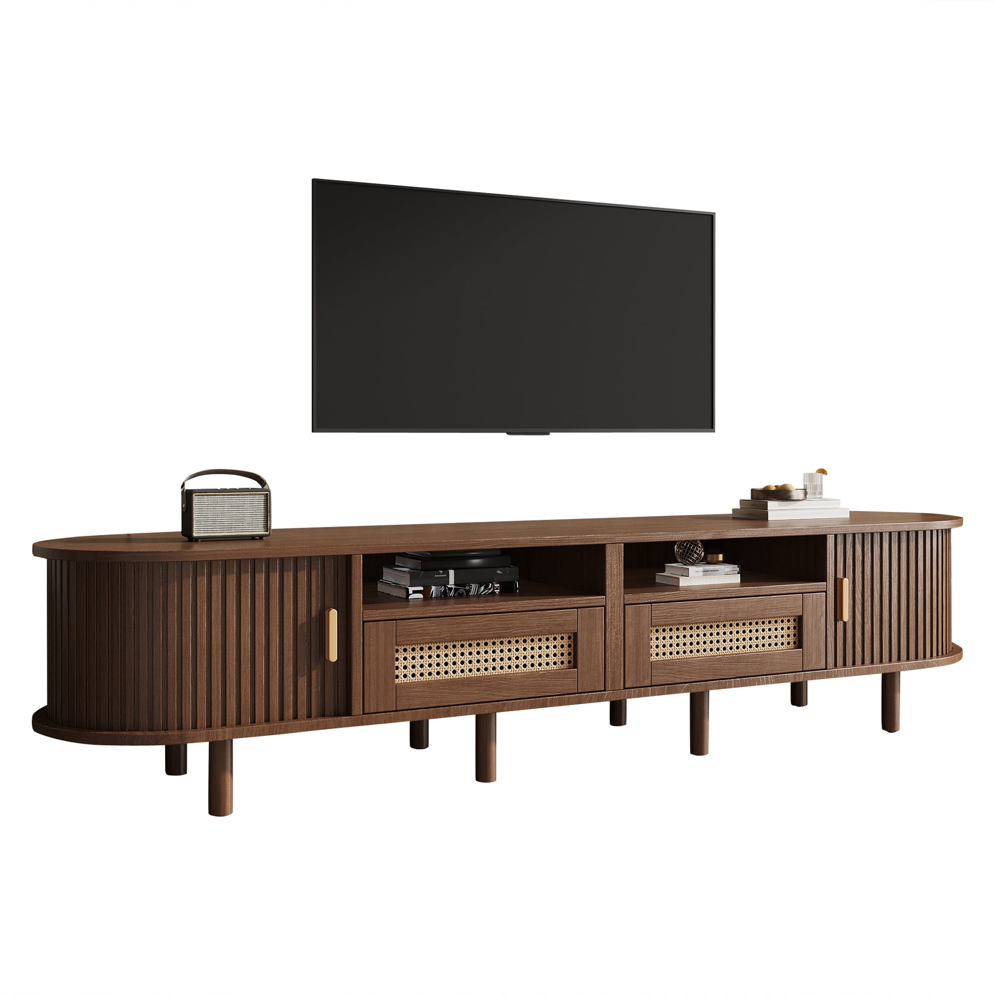 Meuble TV maison Noble 64.9" avec 2 tiroirs en rotin et 2 portes coulissantes, buffet ovale arrondi pour TV 65", noyer