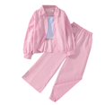 thumbnail image 1 of 2025 Boys Girls 3 Piece Outfits Striped Long Sleeve Button Down Shirt Wide Leg Pants Two-Piece Set Pink, 1 of 4