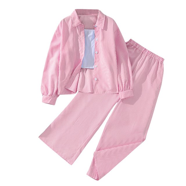 2025 Boys Girls 3 Piece Outfits Striped Long Sleeve Button Down Shirt Wide Leg Pants Two-Piece Set Pink