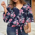 thumbnail image 4 of CHUANK Women‘s Button Down V Neck Tops Ruffled 3/4 Sleeve Tie Knot Front Blouses White Sizes S-2XL, 4 of 7
