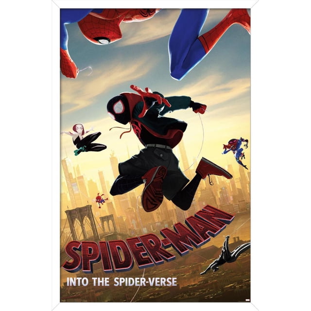 Marvel MCU - Spider-Man - Into The Spider-Verse - Affiche Murale de Plongée, 22,375 Pouces x 34 Pouces, Représentant Plusieurs Personnages de Spider-Man Se Balançant Dynamiquement sur une skyline de Ville au Coucher du Soleil avec Texte de logo Spider-Man Rouge et Noir Audacieux, Idéal pour l'Art Mural et la Déco des Fans.