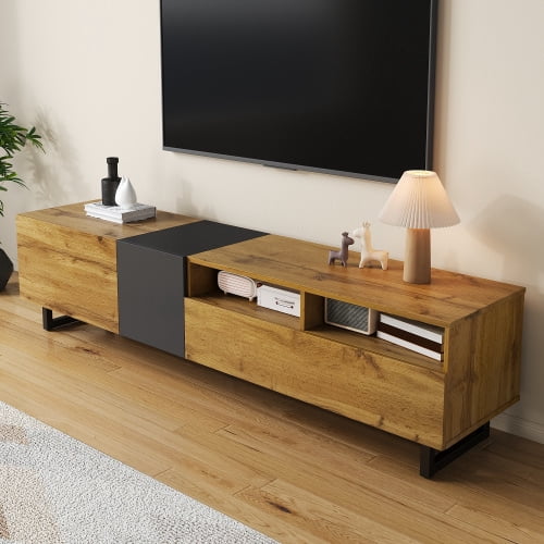 Modern TV Stand with 3 Cabinets & Open Shelves, Minimalist Wooden Entertainment Center for TVs Up to 80”, Sturdy TV Console for Living Room Bedroom Decor