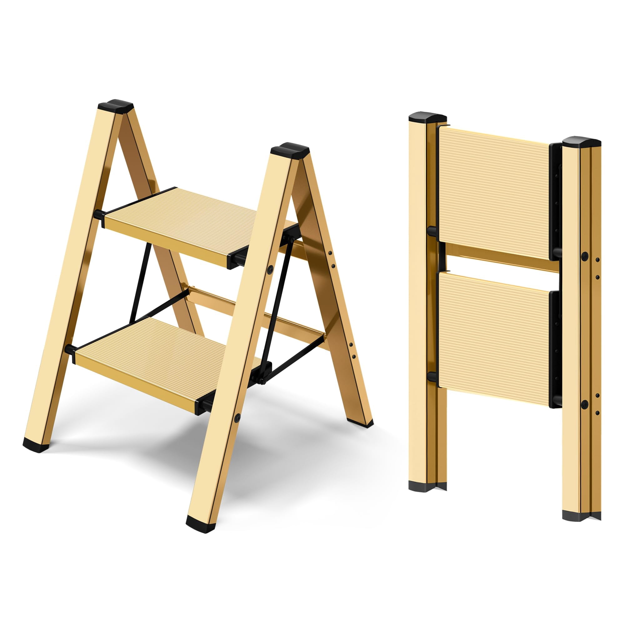 Taranta 2 Step Ladder Aluminum Lightweight Folding 2 Step Stool with Anti-Slip Wide Pedal 330lbs Capacity Step Ladder for Household Kitchen Office - Gold