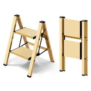 Taranta 2 Échelle d'étape en aluminium léger pliant 2 Tabouret pas avec pédale anti-dérapante 330lbs Échelle d'étape de capacité pour le bureau de cuisine ménager - or