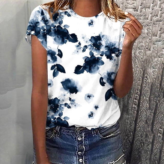 EGNMCR T-Shirts pour Femmes T-Shirts d'Été Décontractés à Col Rond à Manches Courtes T-Shirts à Imprimé Floral Coupe Ajustée Hauts Basiques Tees Blouses
