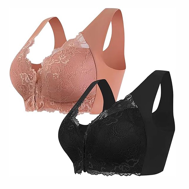 Tumotour 2PC Front Closure Bra for Women No Underwire Comfort Lace Wide Shoulder Strap Bra Full Coverage Seamless Soft Convenient Front Button Bras for Senior Everyday Life Sleep Walking Work