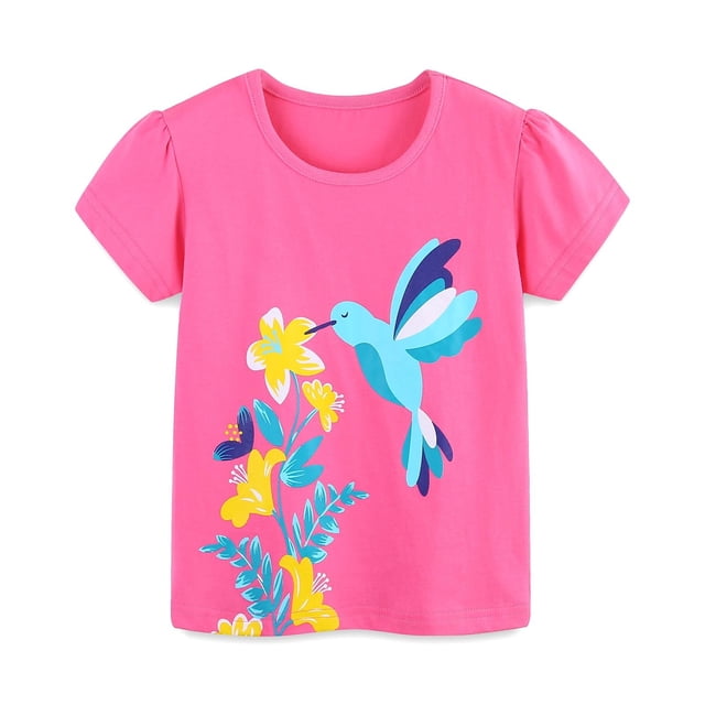 Vêtements pour Filles T-Shirts à Manches Courtes avec Papillon pour Filles Col Rond Vêtements d'Été pour Ado Fille Vêtements 4T pour Filles. un T-shirt Rose Vif à Manches Courtes avec une Encolure Ronde et un Graphique Coloré d'Un Colibri et des Fleurs. Fabriqué en Coton Léger et Respirant, Ce T-shirt d'Été Est Conçu pour le Confort et le style. Convient aux Tenues Décontractées, à l'École Ou aux Activités de Plein Air, Il s'Agence Bien avec des jeans, des Jupes Ou des shorts. Offert en Tailles pour Tout-Petits à Ados.