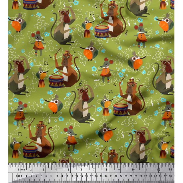 Soimoi Polyester Crepe Fabric Musical Instruments,Monkey & Rat Cartoon Print Fabric by The Yard 52 Inch Wide
