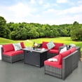thumbnail image 3 of Gymax 9 PCS Patio Rattan Furniture Set Fire Pit Table Storage Black W/ Cover Red, 3 of 10