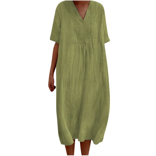 Birdeem Robe Décontractée à Manches Courtes en Coton et Lin pour Femmes Printemps et Été Col en V