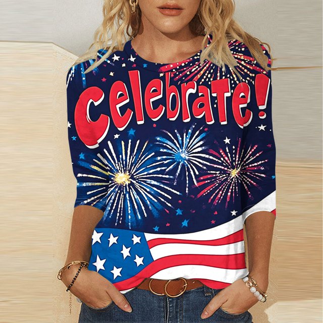 Meichang T-Shirt Drapeau Américain pour Femmes Rouge Blanc et Bleu T-Shirts Graphiques Manches 3/4 Hauts pour Femmes Col Ras du Cou Patriotique T-Shirts Drapeau des États-Unis