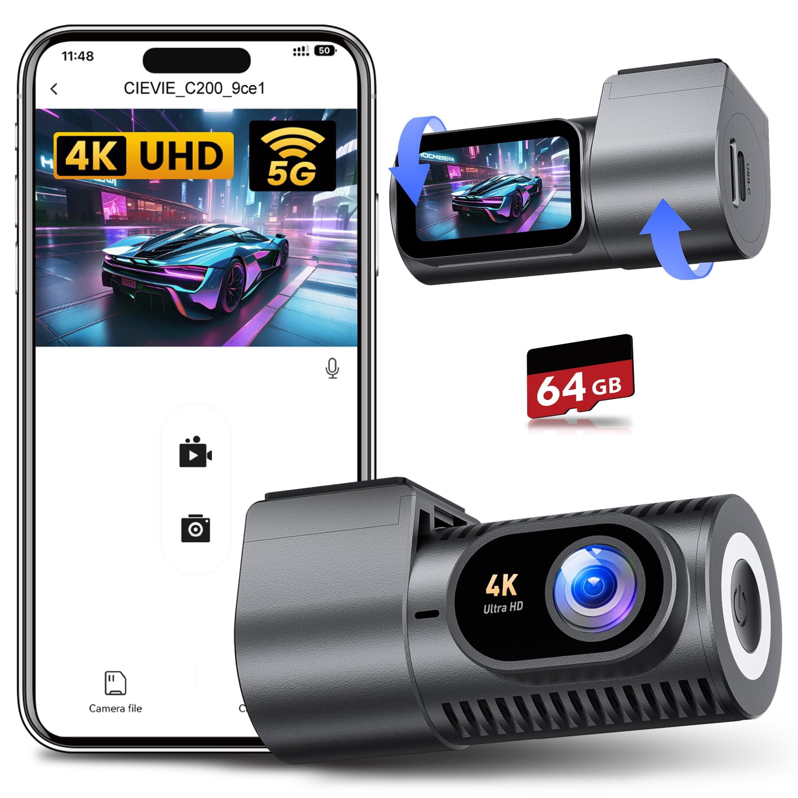 Dash Cam Front 4K - 1.5" IPS Display & 5G WiFi & 64G Card, 360&deg; Rotation Mini Dashcam, Car Camera with WDR Night Vision, 24H Parking Mode, G-Sens