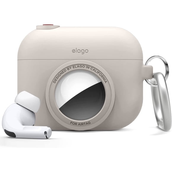 AmPm Snapshot Cover Compatible with Apple AirPods Pro and AirTags - Cute Classic Camera Design, Locator Case, Drop Protection, Carabiner Key Ring Included - Tracking Device Not Included (Stone)