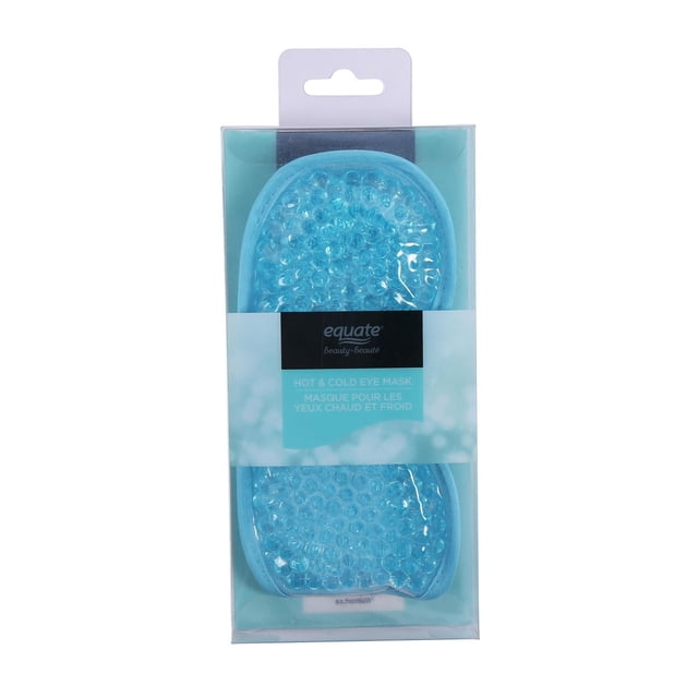 EQB GEL EYE MASK in clear plastic packaging showing a blue bubble gel eye mask designed for hot and cold therapy, branded Equate Beauty, suitable for adult skin care and soothing eye relief.
