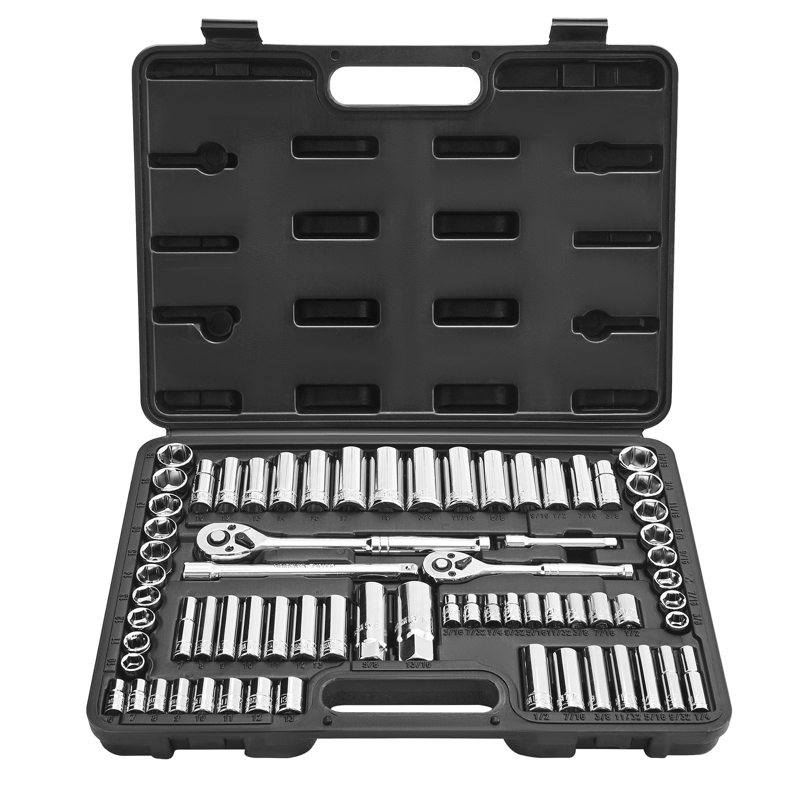 VEVOR Socket Set, 69 Pieces, 3/8 & 1/4 inch Drive Socket and Ratchet Set, SAE and Metric, Deep and Standard, Mechanic Tool Kit with Accessories and Storage Case, CR-V Alloy Steel, for Auto Repair