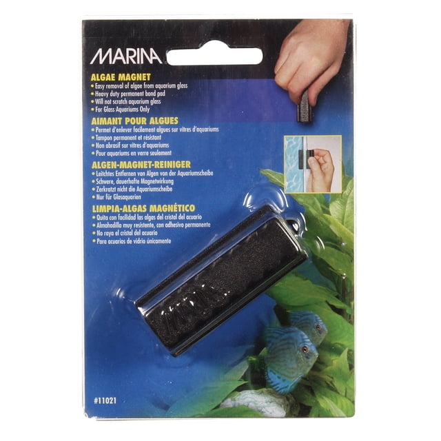 Marina Algae Aquarium Cleaning Magnet in black with heavy-duty permanent bond pad for safe, scratch-free algae removal from glass aquariums, shown in original packaging with aquatic plants and fish, ideal for aquarium cleaning and maintenance.