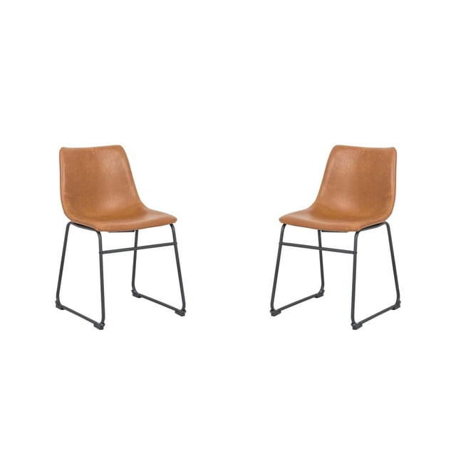 Heavenly Collection Black Dining Chair pair with brown faux leather upholstery and matte black powder-coated steel sled legs, featuring industrial edge design and plastic glides to protect floors, ideal for kitchen and dining seating.