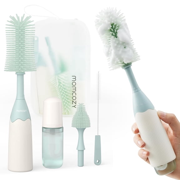 Momcozy Ensemble Portable de Brosses pour Biberons - Trousse de Nettoyage pour Biberons avec Brosse en Silicone, Égouttoir - Outil de Nettoyage de Biberons 6 en 1 pour la Maison et les Voyages 1 Ensemble Vert