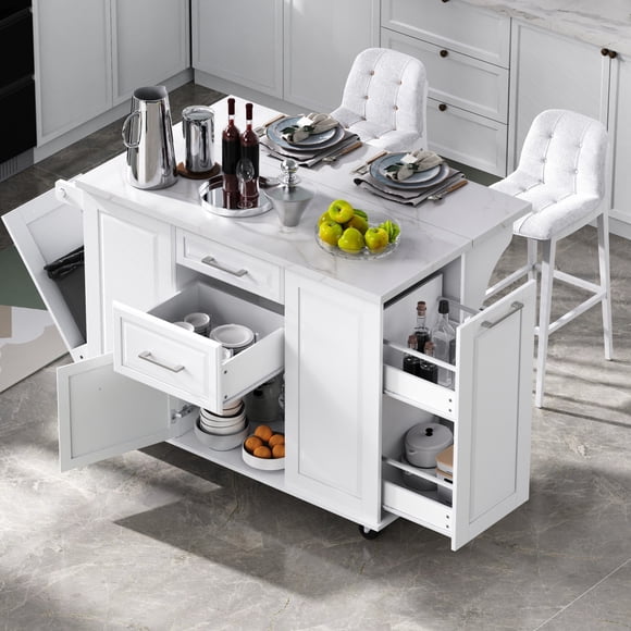 Rolling Kitchen Island Cart with Storage, 50.7" Kitchen Island with Drop Leaf, Tilt Trash Cabinet & Pull-Out Organizer, Mobile Kitchen Cart with Drawers and Wheels for Kitchen Dining Room
