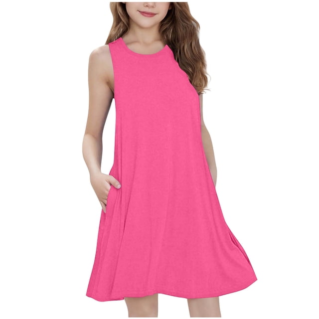 Yuyuzo Robes Midi d'Été pour Filles Amples Décontractées Sans Manches Mignonnes Ligne A Fluides Robe d'Été avec Poches