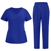 yoeyez Scrubs for Women Set Jogger,Ladies Modern V-Neck Top andelastic Waist Pants Medical Scrubs Nursing Set With Pockets Blue