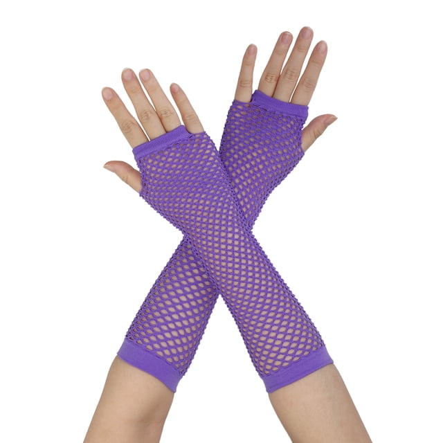 Unique Bargains Gants Résille Sans Doigts à Trou pour le Pouce pour Femmes Longueur Coude Violet Longs-1 Paire