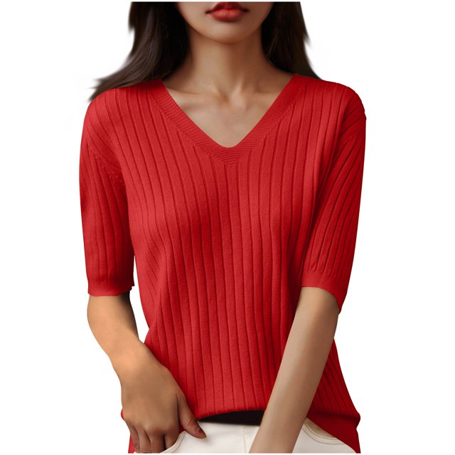 Womens Short Sleeve V Neck T Shirt 2025 Summer Ribbed Knit Slim Fit Basic Solid Color Tee Tops Fashion Clothes