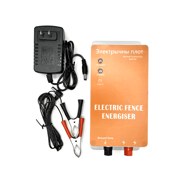 Electric Fence Solar Energiser Charger Controller for horse, cattle, and poultry farm animals, featuring an orange ABS casing with labeled controls for power, shock, and fault. Includes a US plug, battery connection line, and clamps for setup. Solar-powered and suitable for livestock containment and predator deterrence.