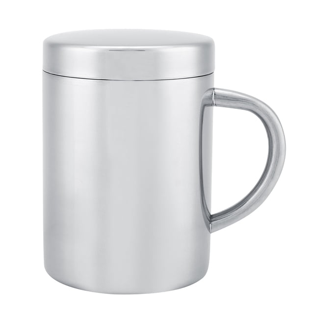 Durable Stainless Steel Double Walled Insulated Mug Cups with Handle Lid (L) shown in a front-facing view. The mug features a smooth stainless steel finish, a firmly welded handle, and a matching lid. Designed for keeping beverages hot while maintaining a cool exterior, ideal for outdoor use, travel, or office settings.