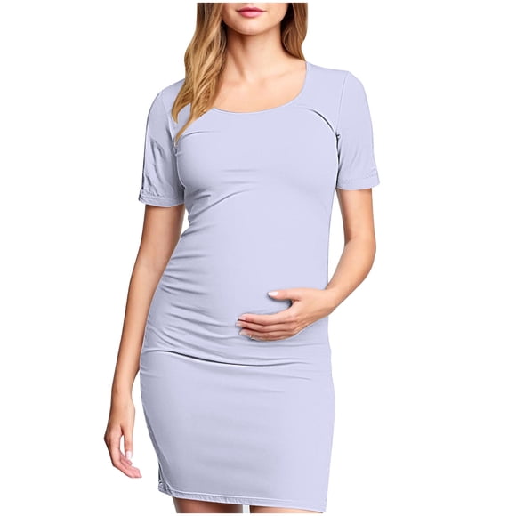 yoeyez Women’S Maternity Midi Dress Short Sleeve Crew Neck Solid Color Dresses Plus Size Bodycon Fitted Sundress Plus Size Summer Pregnancy Dresses for Photoshoot Purple,S