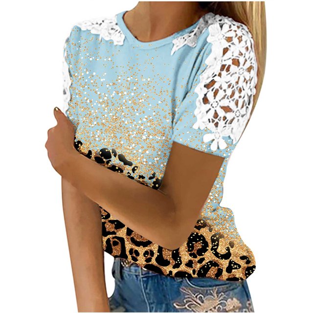 Birdeem Womens Fashion Summer Round Neck Leisure Short Sleeve Printed Lace Stitching Tops