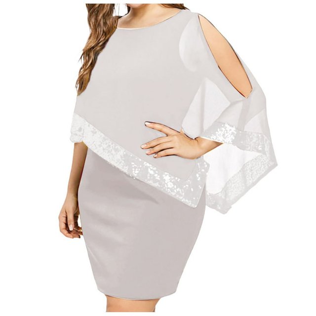 Women Plus Size Cold Shoulder Overlay Asymmetric Chiffon Strapless Sequins Dress