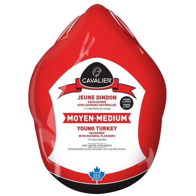 CAVALIER Utilitaire Surgelé Dinde 5-7 kg Dinde Entière Jeune Assaisonnée en Emballage Rouge et Blanc avec Arômes Naturels, 17 % de Protéines de Viande, Comprend des Abats, Qualité Utilitaire Canadienne, Convient pour la Rôtisserie Ou la Friture Profonde comme Plat Principal Ou Favori de Fête.