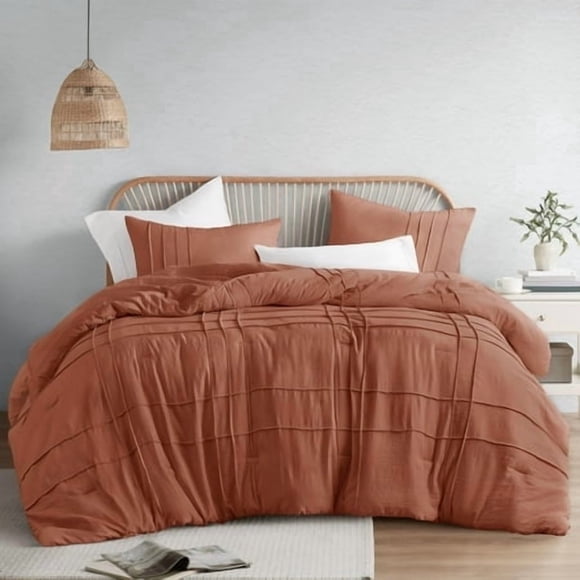 Comfort Spaces Clay Queen Comforter Set - 3 Piece Pintuck Pleated Bedding Set, All Season Lightweight, Extra Soft Pre-Washed Microfiber Bed Set, Shams