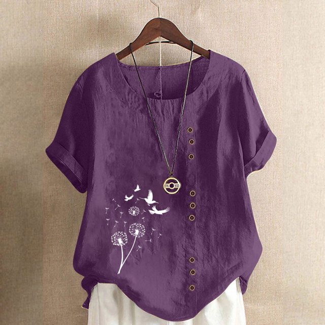 Économies d'Été! Horkkom Chemises à Manches Courtes pour Femmes Été Grande Taille Chemises en Lin Décontractées Col Rond Imprimé Floral Blouses Amples