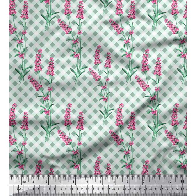 Soimoi Green polyester Crepe Fabric Check,Leaves & Pink Floral Print Fabric by The Yard 52 Inch Wide