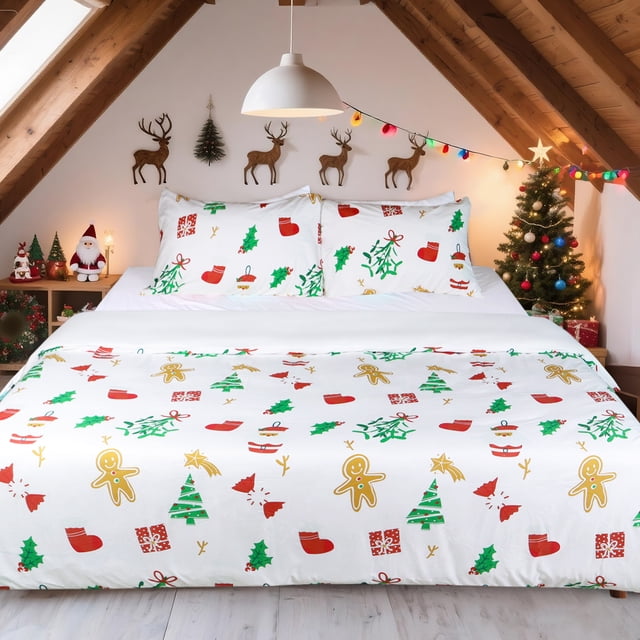 HITIME 100% Polyester Printed Christmas Duvet Cover Set in king size displayed in a cozy holiday-themed bedroom. The set includes a duvet cover and two pillowcases, featuring vibrant Christmas cartoon patterns like gingerbread men, Christmas trees, stockings, and gifts on a white background. The bedding is lightweight, breathable, and crafted from soft microfiber with a zipper closure. The room is decorated with festive elements such as a Christmas tree, string lights, and reindeer wall decor.