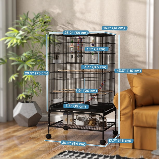 PawHut Bird Cage with Rolling Stand, Toys, for Budgies Canaries