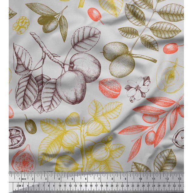 Soimoi Poly Georgette Fabric Leaves & Palm Fruits Print Sewing Fabric Yard 52 Inch Wide