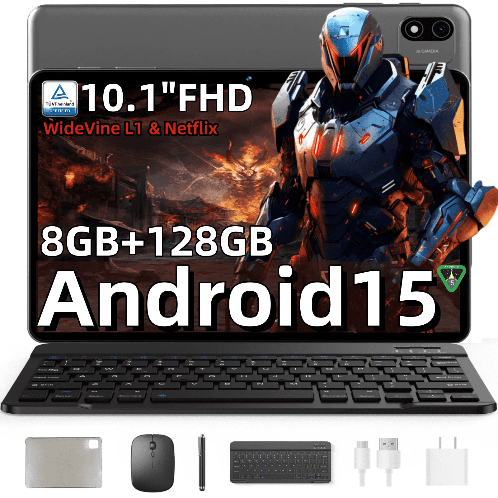 Refurbished Headwolf W6 10" 8GB RAM 128GB Storage 1.6 GHz Processor Speed Android 15 2-in-1 WiFi Tablet with Keyboard, Gray