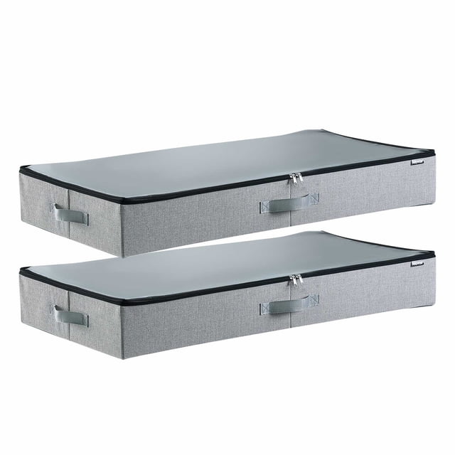VEVOR under bed storage containers with clear lids, measuring 33.5 x 16.9 x 4.7 inches, shown in a set of two. Each container features a grey fabric exterior, reinforced handles, and a transparent PVC top for dust protection and content visibility. Ideal for modular storage of clothes, shoes, blankets, and seasonal items in compact spaces.