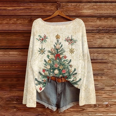 Horkkom Chandails de Noël pour Femmes Automne et Hiver Chandail à Manches Longues Imprimé de Noël à Col Rond Haut S