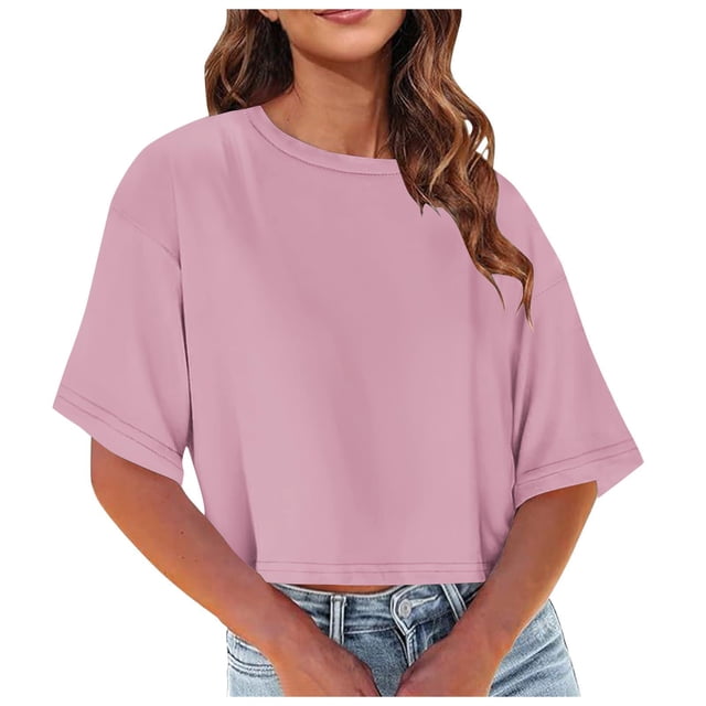 Plebaso Womens Cropped T-Shirts Short Sleeve Round Neck Tshirts Solid Color Casual Loose Basic Tops Tees