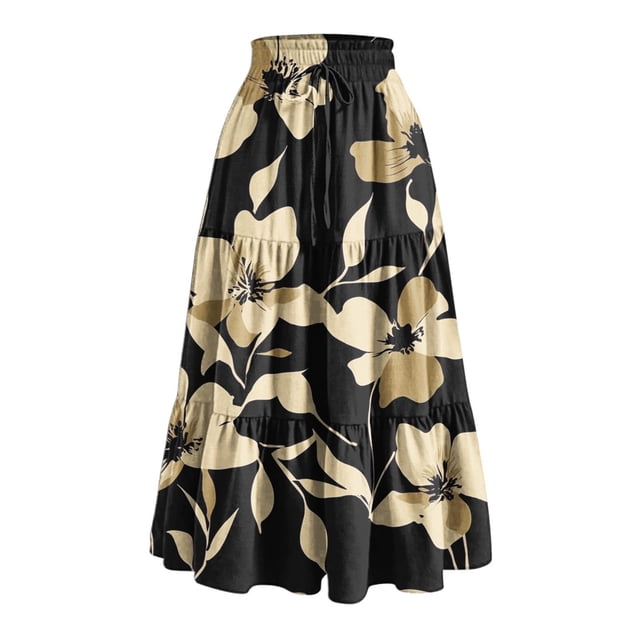 Bocqde Women's Boho Maxi Skirts Summer Fashion Casual Drawstring Elastic High Waist Long Skirt Solid Color Flowy A Line Ruffle Swing Skirt