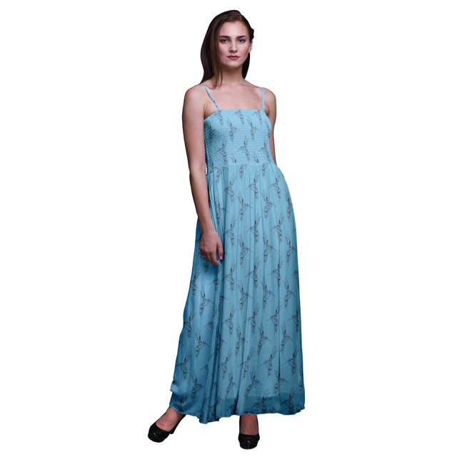 Bimba Robe à Bretelles Spaghetti Fluide à Smocks Imprimée pour Femmes, Oiseau Pêcheur King Bimba - X-Grand