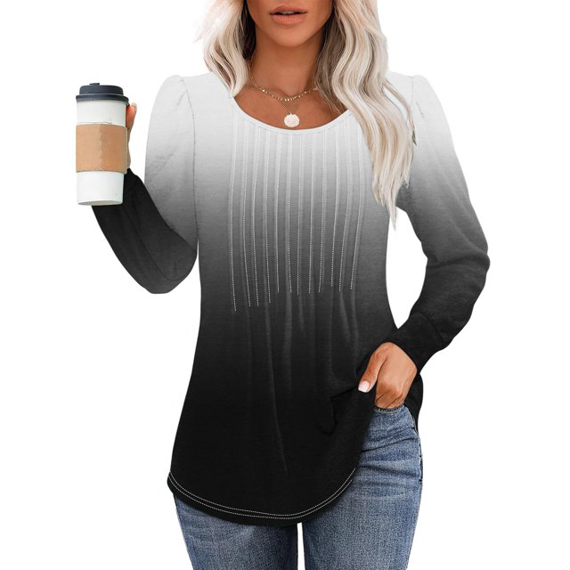 RXIRUCGD Haut à Manches Longues Imprimé pour Femme, Décontracté, Mode, Ample, Plissé, Col Rond, Noir, Taille : S