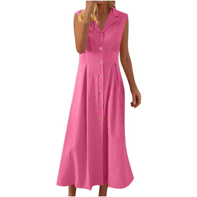 Amzcrzy Robes pour Femmes Couleur Unie Sans Manches Robes de Printemps Col en V à Boutons Robe d'Été Confortable Robe en Coton et Lin Tendance Col Rabattu Robes Maxi
