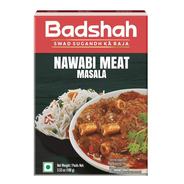 Nawabi Meat Masala par Badshah Est un Mélange d'Assaisonnement Riche pour Plats de Viande, Présenté dans une Boîte Rouge et Vert Foncé avec une suggestion de Portion de Cari de Viande Épicé avec Os et Riz aux Légumes, Poids net 3.53 oz (100 g). Il Convient Aussi pour Rehausser d'Autres Plats Salés.
