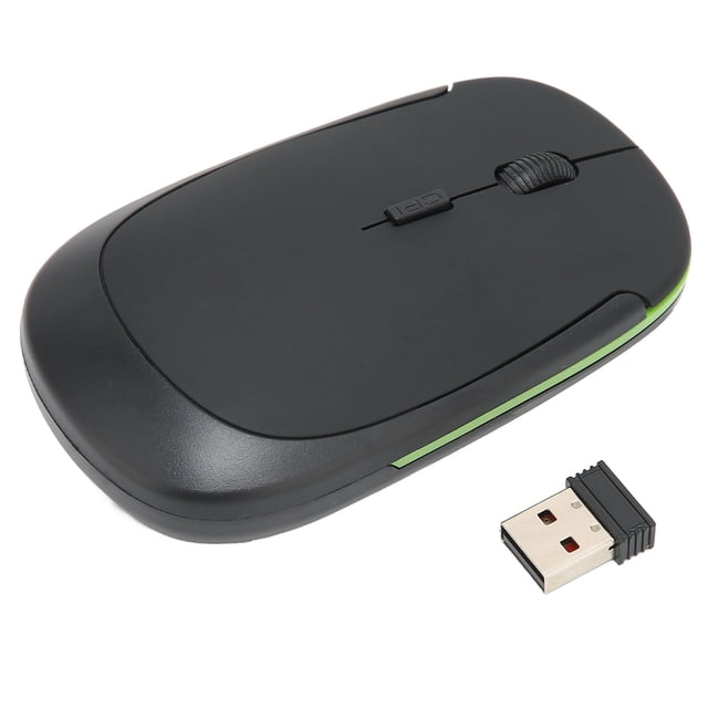 Laptop Mouse, Wireless Mouse 2.4GHz Accurate Laptop Mouse Wireless Computer Mouse Wireless Enhanced Features with a sleek black design and green accent. Includes a USB signal receiver for wireless connectivity and plug-and-play functionality. Features adjustable DPI settings (1000, 1200, 1600), ultra-thin construction, and broad compatibility with Windows Vista and OS X.